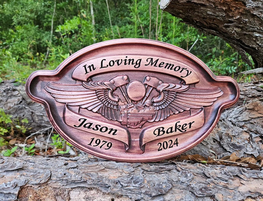 Custom Wood Carved Harley Davidson Biker Memorial Name plaque, In Loving Memory