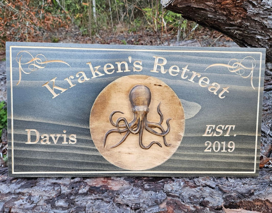 Family Established Name sign with Octopus, Custom 3D Wooden Wall Art