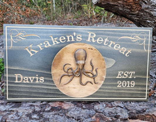 Family Established Name sign with Wood Carved 3D Octopus