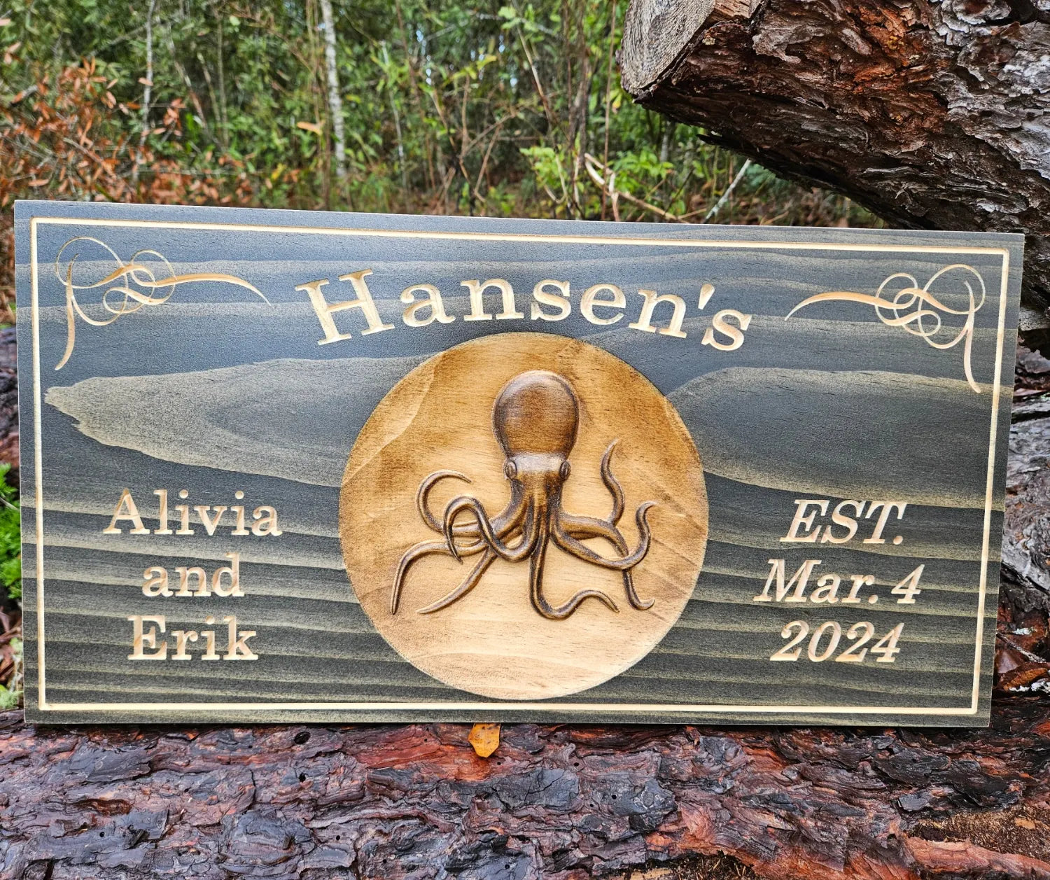 Solid wood personalized family name sign with 3d wood carved Octopus as the centerpiece.