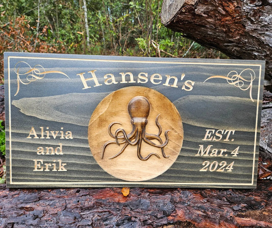 Solid wood personalized family name sign with 3d wood carved Octopus as the centerpiece.