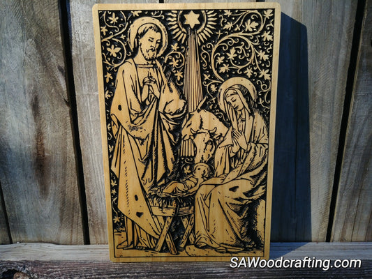 Solid Wood Engraved Plaque with Nativity Scene, Christian gifts