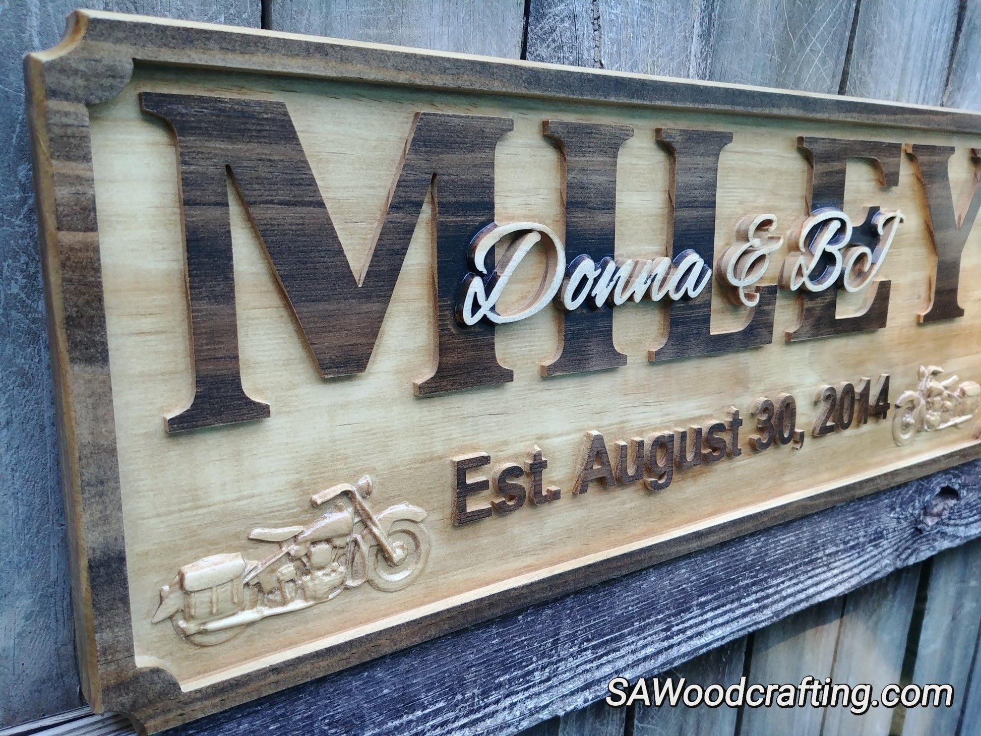 Personalized family last name sign wedding gift for Harley Davidson motorcycle enthusiasts. Custom wood Harley Davidson gifts made in the USA.