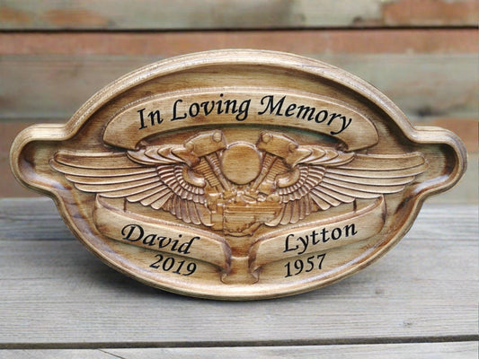 Personalized custom carved Harley Davidson motor with wings memorial name sign, solid select pine hardwood stained in black cherry. Made in the USA.