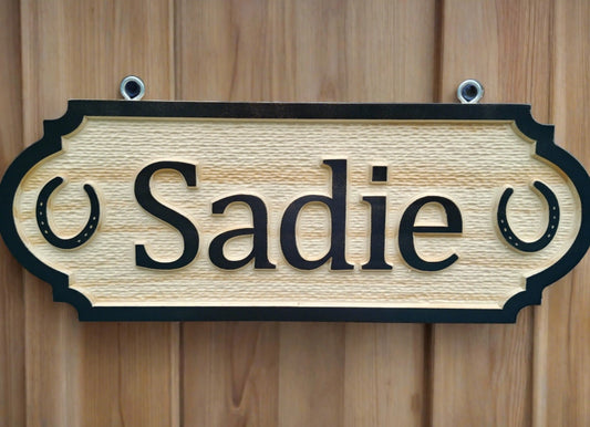 Personalized 3D carved Solid Pine Wood Horse Stall Sign with Horseshoes