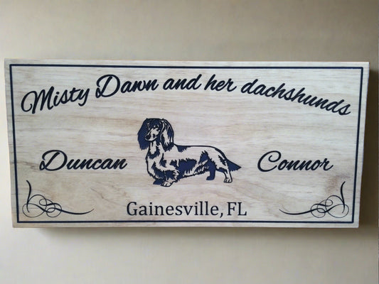 Custom Wood engraved Dog Owner Name sign with Dachshund
