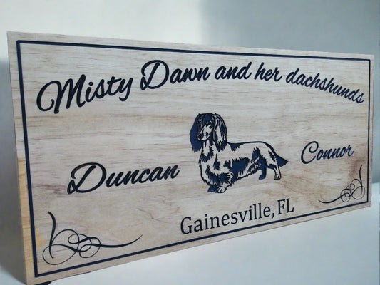 Custom Wood engraved Dog Owner Name sign with Dachshund