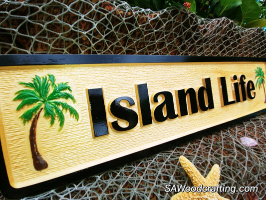 Tropical Wood Carved Wall Art with Painted Palm Trees