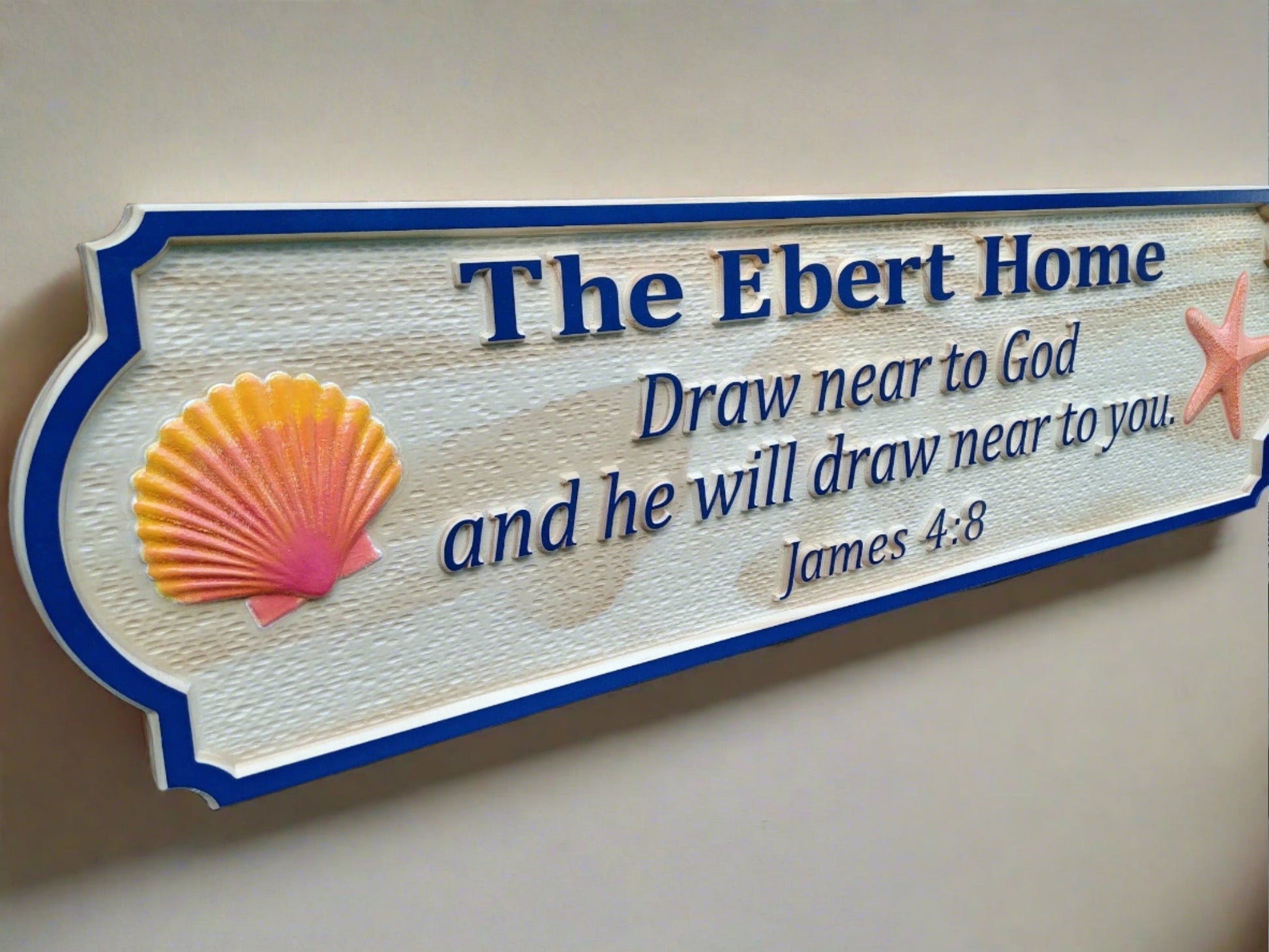 Unique wood carved hand painted Christian Family Last Name sign, Tropical Wall decorations. Beautiful Coastal Family Name wall art made in the USA.