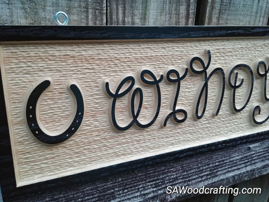 Solid Wood Horse name Plate with Western font and Horseshoes