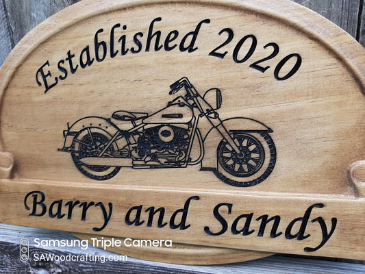 Personalized Wedding Anniversary wooden Gift sign with Harley Davidson Motorcycle