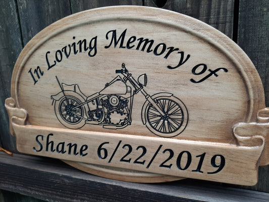 Memorial Name Sign with Wood engraved Harley Davidson Motorcycle