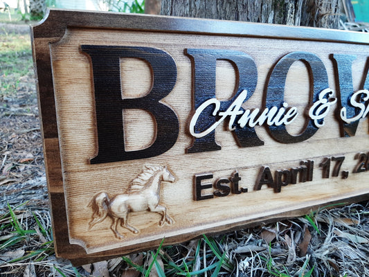 3D Wood carved Horse Personalized Farm Family Last Name plaque