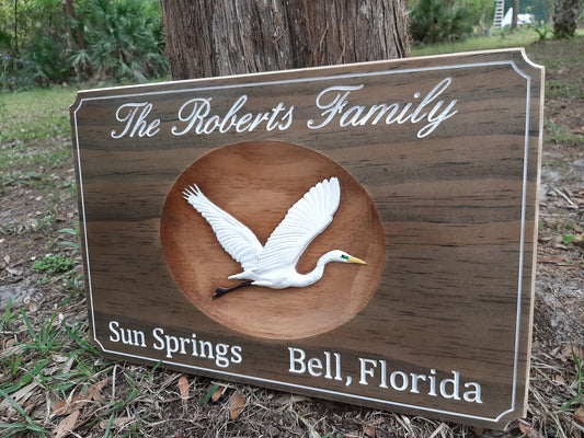 Family Name sign with 3D Wood Carved Heron