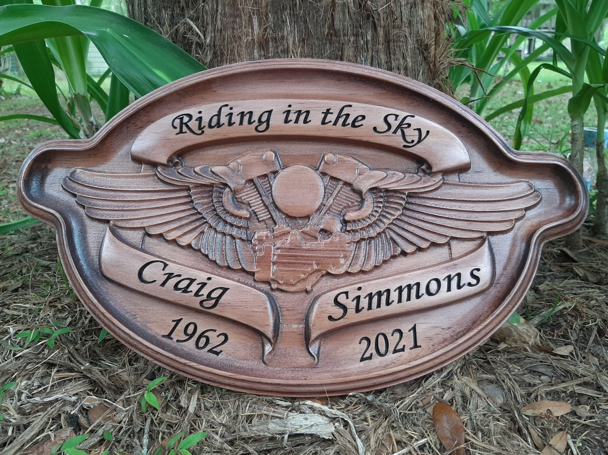 3D wood carved Harley Davidson Biker Memorial Name Plaque made in the USA.