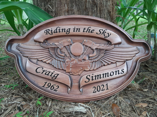 3D wood carved Harley Davidson Biker Memorial Name Plaque made in the USA.