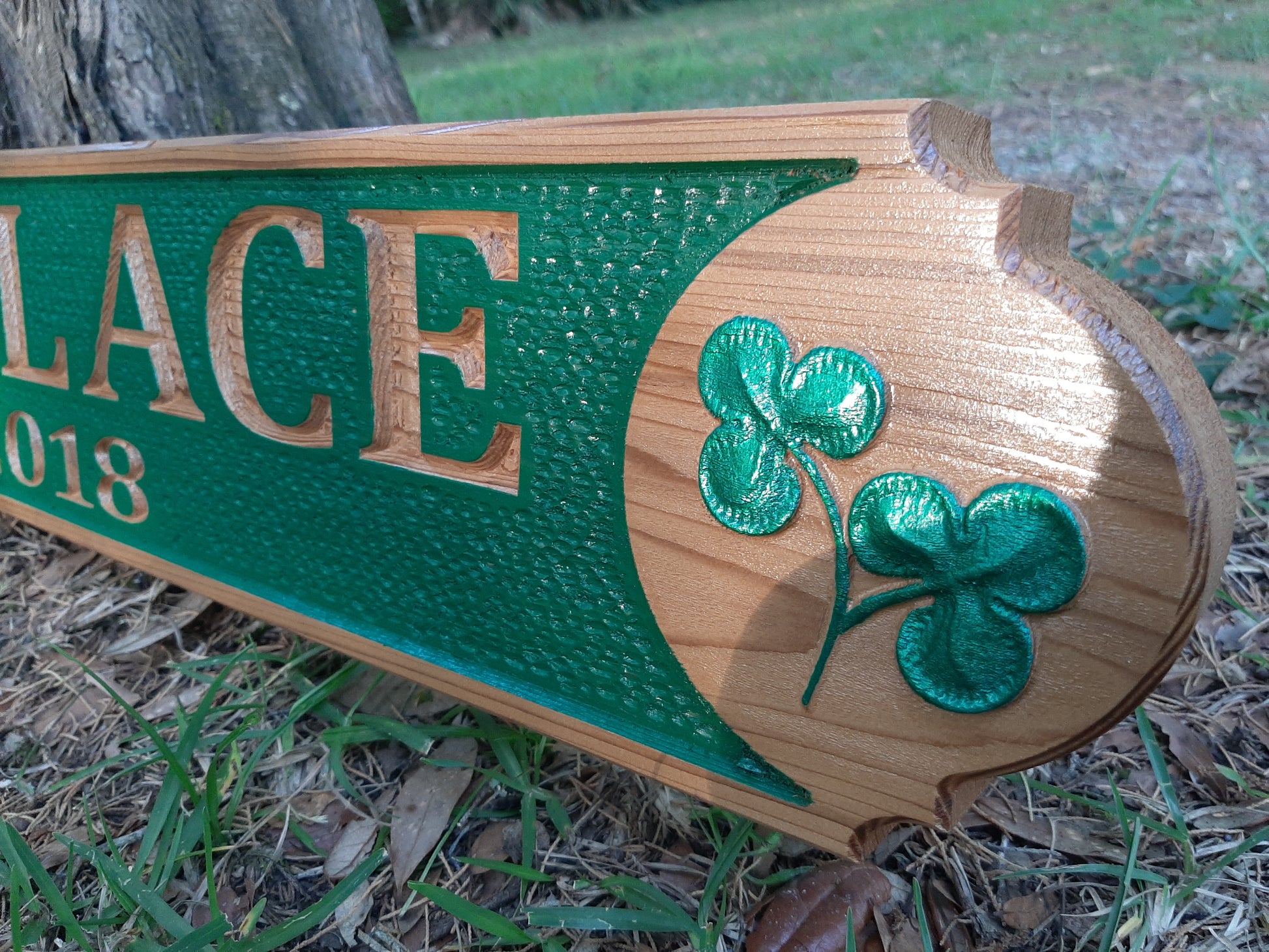 wood carved address sign with Shamrocks, Irish family name sign made in the USA.