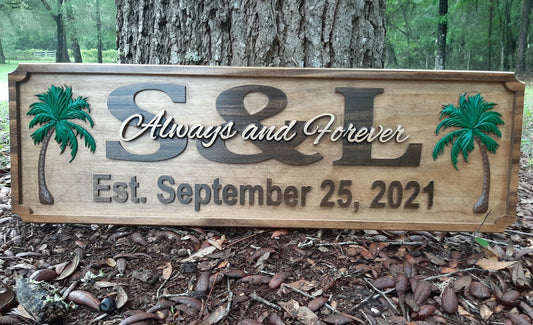 Tropical themed Wedding gift, Newlywed Established Name Wood sign