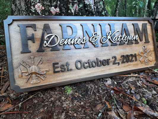 First responder firefighter nurse EMT Family name sign Wedding gift. made in the USA