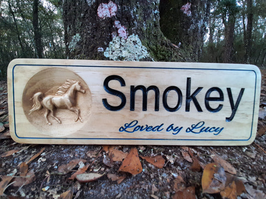 wood carved horse stall name plate with fancy script text. made in the USA