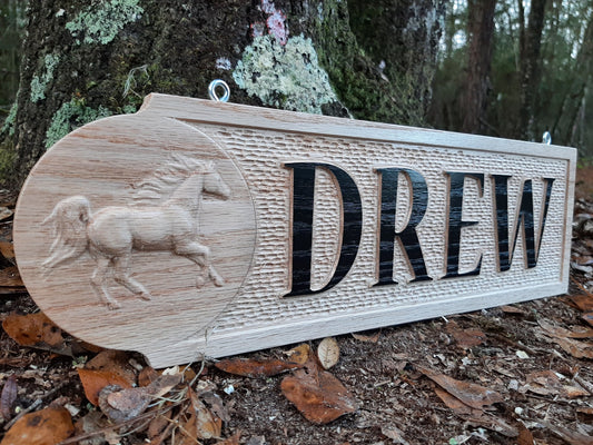 Custom Made Solid Oak wooden Stall sign with 3D carving, Oak Hoarse Stall sign