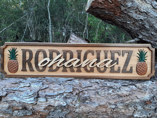 Ohana family name sign with pineapples made in the USA.