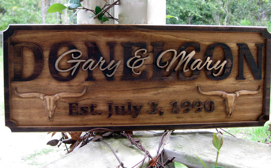 Wood carved Longhorn Ranch Family Last Name sign
