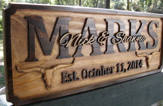 Wood carved Longhorn Ranch Family Last Name sign, Ranch Family Wedding gift