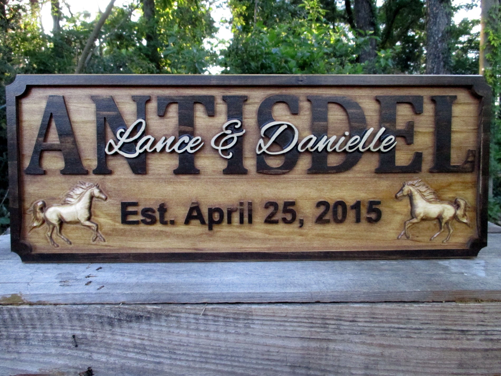 Unique Wedding gift Family Last Name sign with 3D wood carved Horses. Made in the USA.