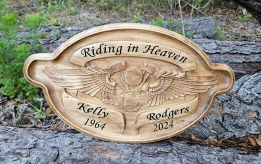 Personalized Biker Memorial Wooden Name Plaque, Riding with Angels motorcycle sign