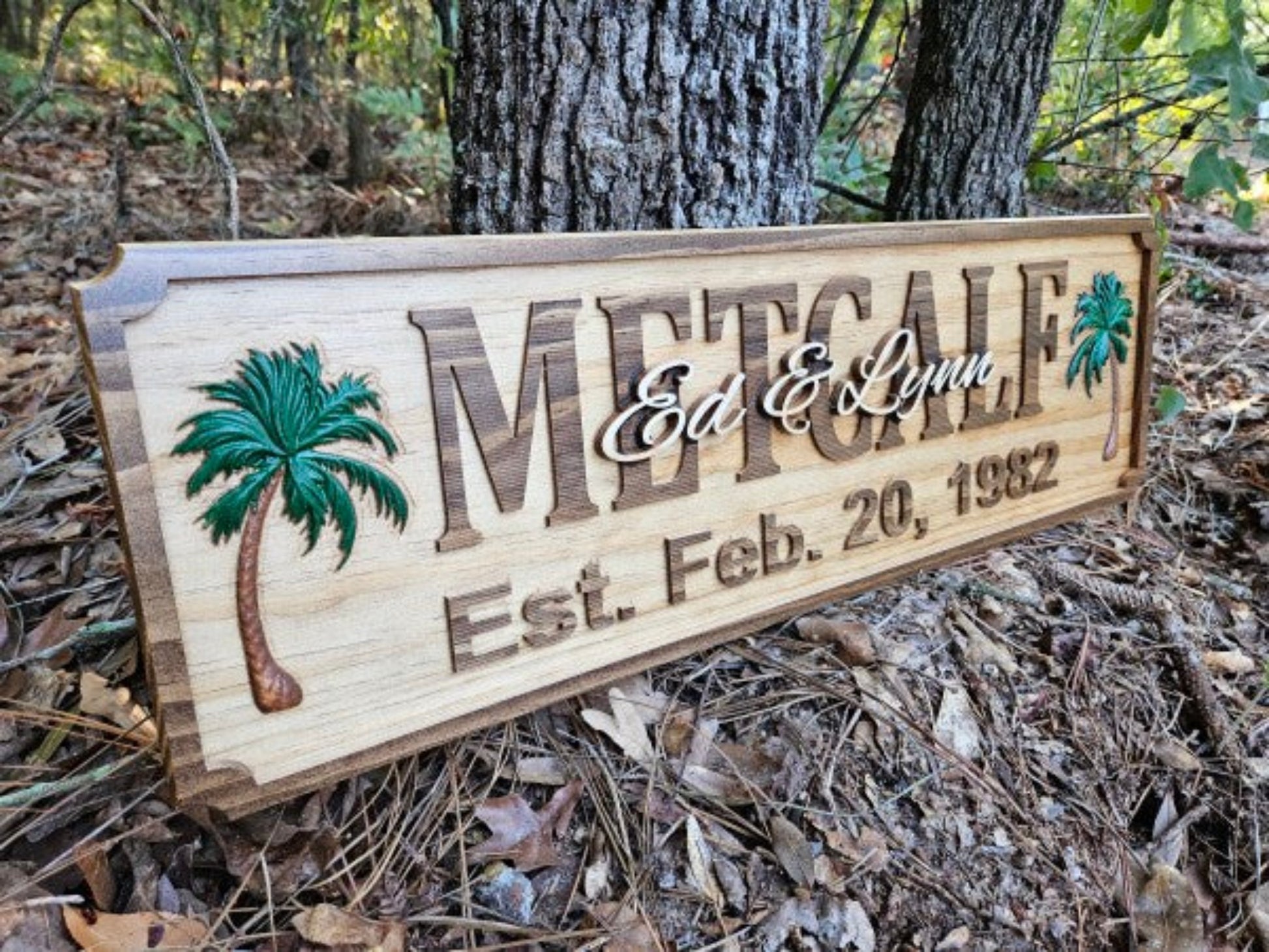 personalized family established date name sign, wedding gift, anniversary gift with wood carved palm trees hand painted