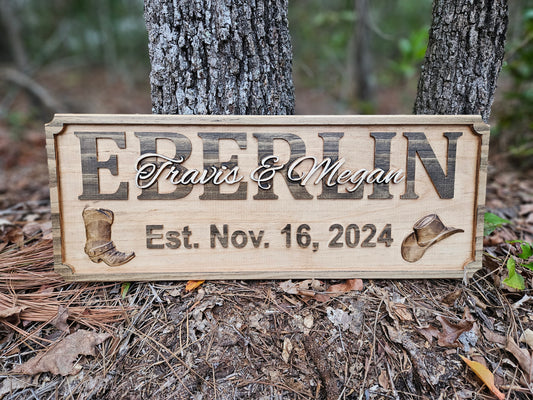 Western Family Last Name wood plaque with Cowboy Boots, Cowboy Hat