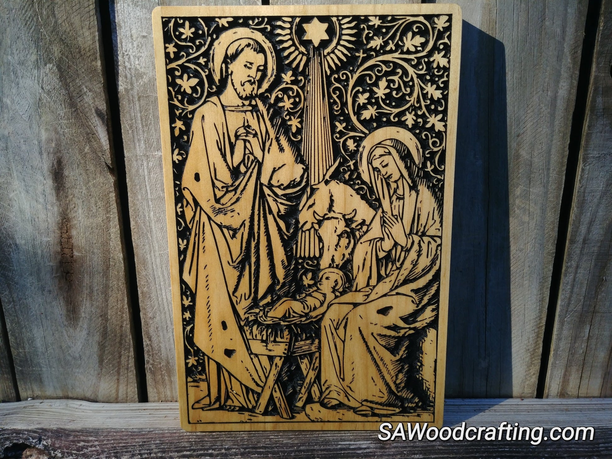 Wood engraved Christian nativity scene religious gifts for her and religious gifts for him. Christian gifts and faith gifts made in the USA.