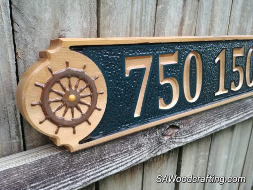 All weather custom wood carved Home address sign, Beach house street address wood sign. Coastal home driveway address sign with custom carved 3D anchors, seashells, ships wheel, etc. Made in the USA.