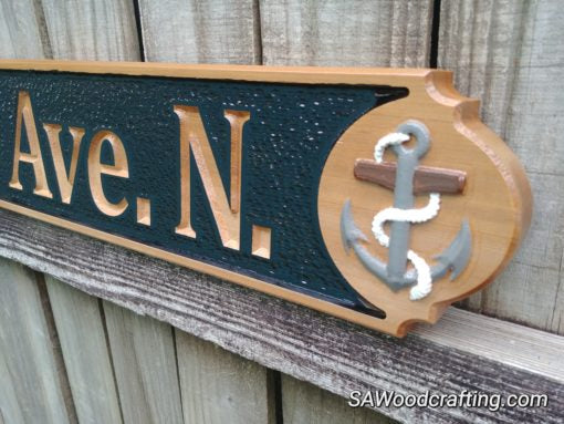 Nautical Quarter board with hand painted 3D raised graphics. Custom outdoor business name sign or all weather address quarterboard.