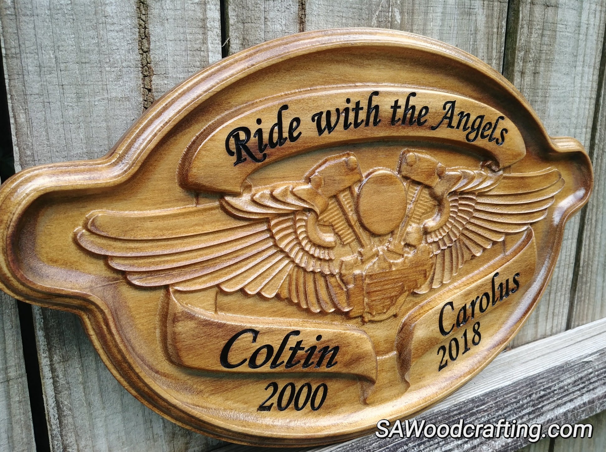 Custom wood carved Memorial Name plaque to memorialize a fallen Biker or Harley Davidson enthusiast memorial name sign made in the USA.