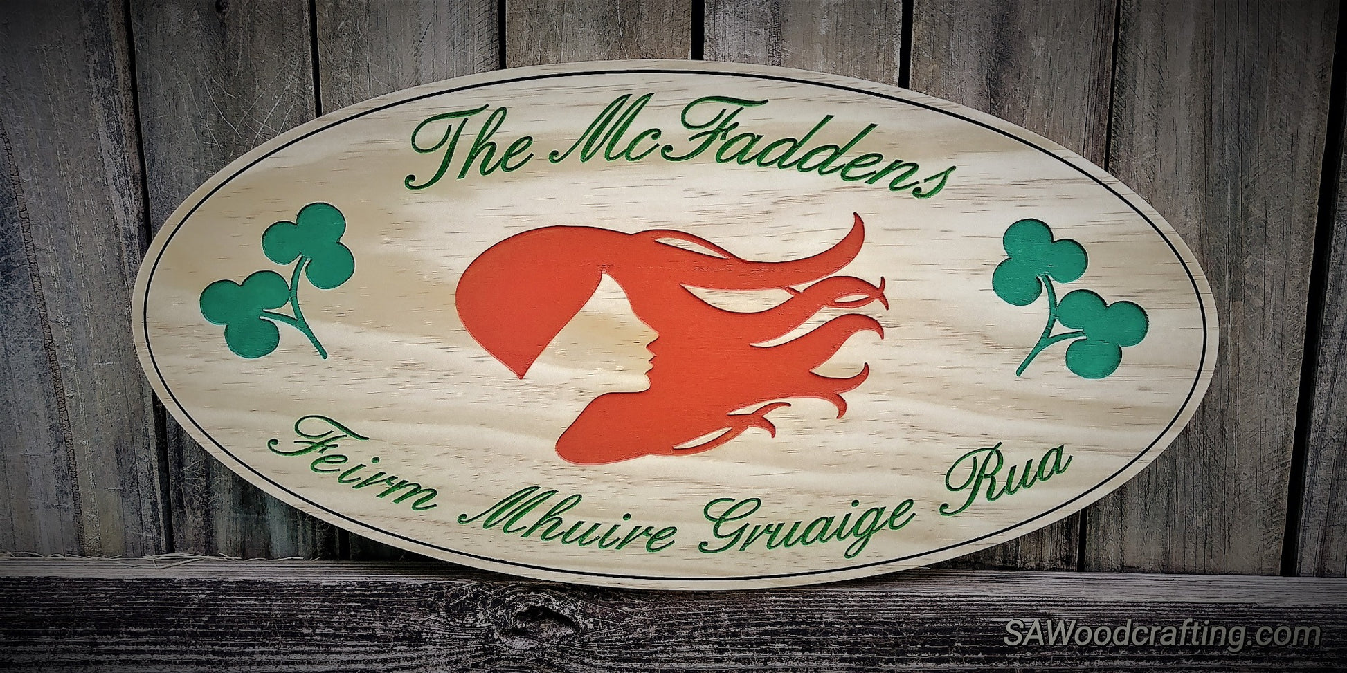 Custom wood carved wood engraved Irish Family Name plaque. Buy Last Name signs with confidence. Made in the USA. wood engraved