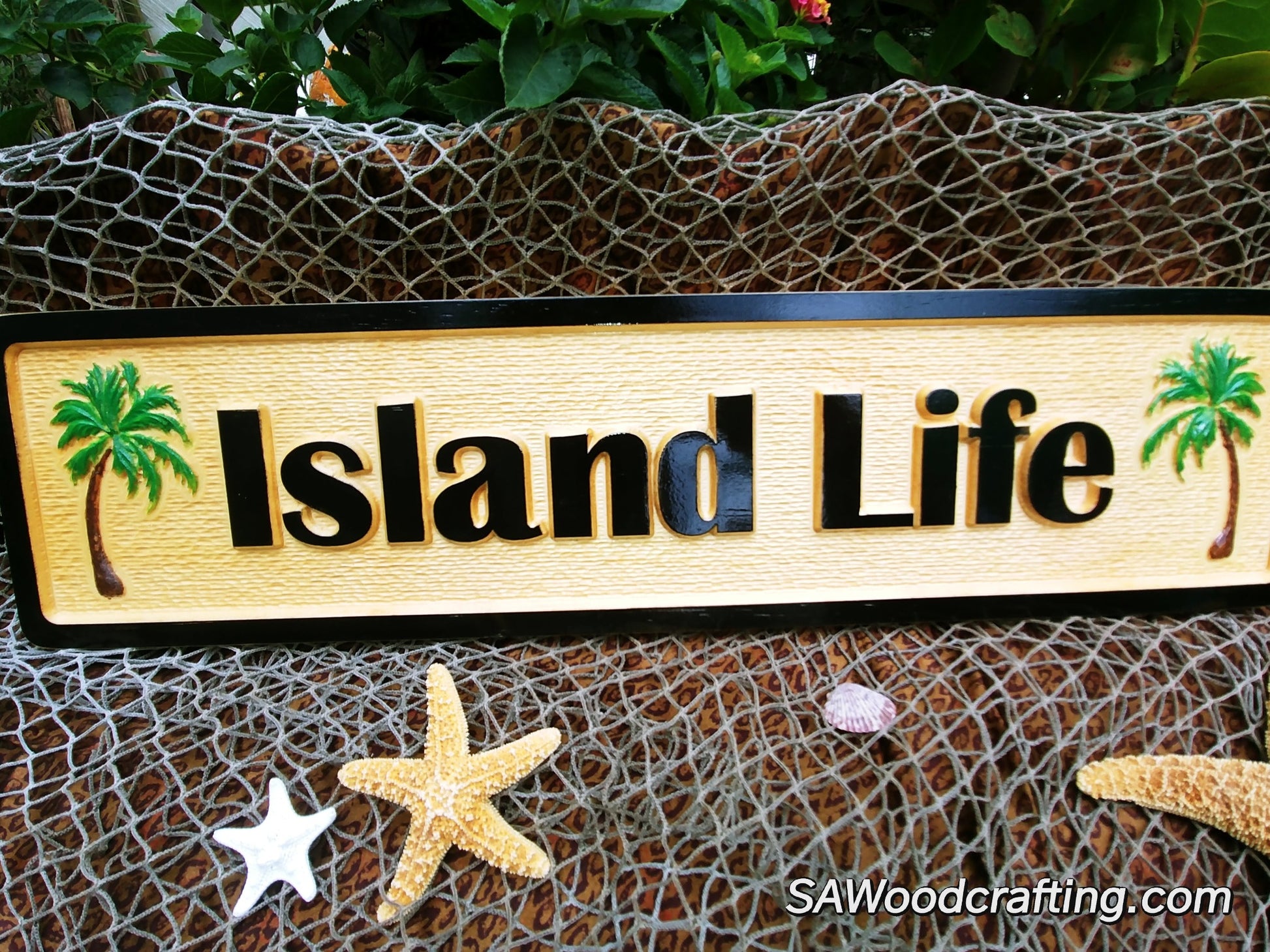 Island Life wood carved tropical wall sign for the perfect beach house decor or Tiki bar decoration. Made in the USA.