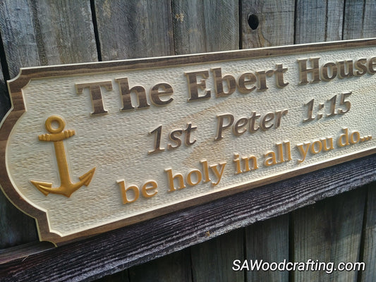Personalized wood carved Christian Family Name sign with Bible verse