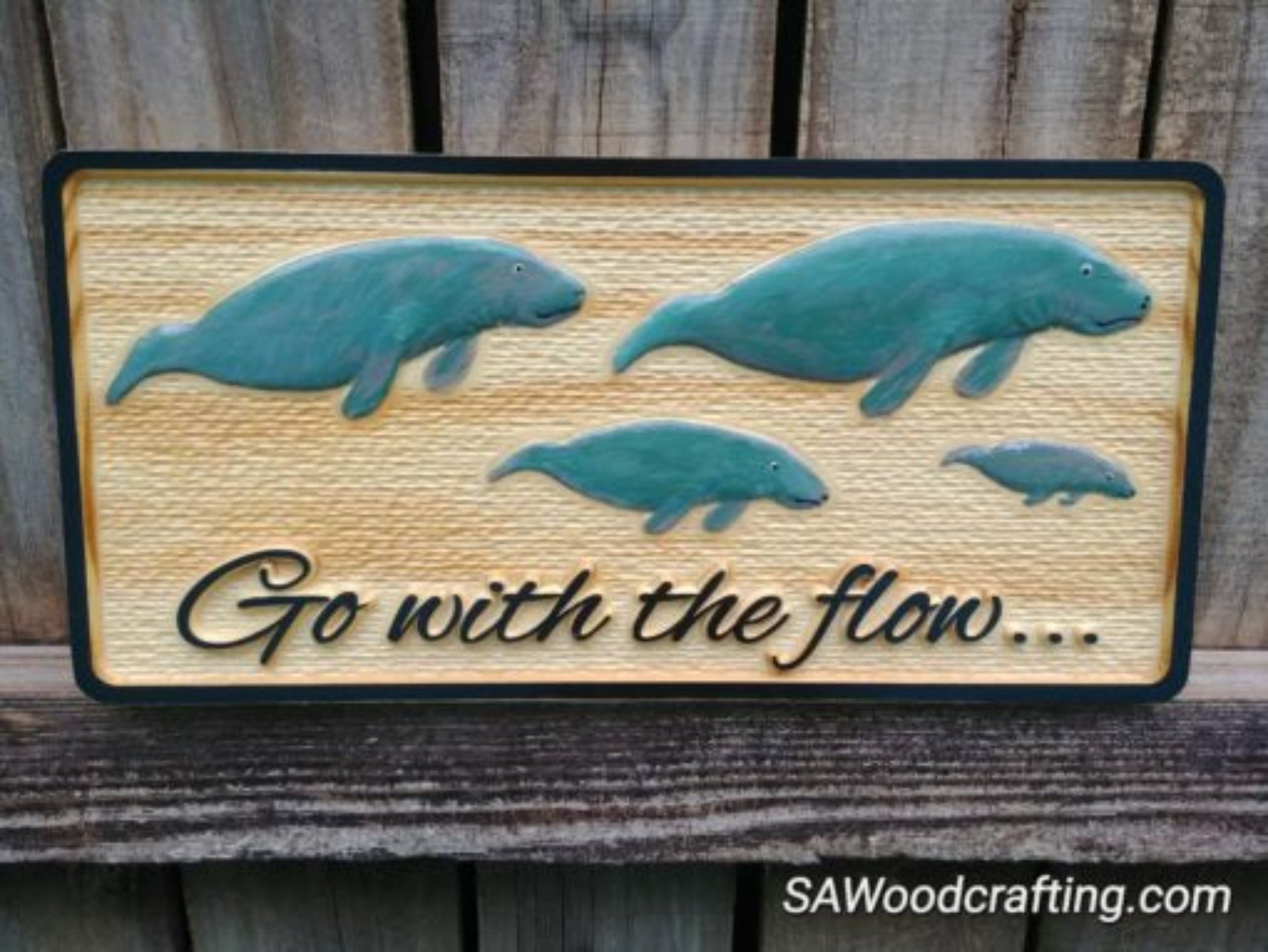 hand painted wood carved 3d manatees, coastal wall art with manatees. made in the USA