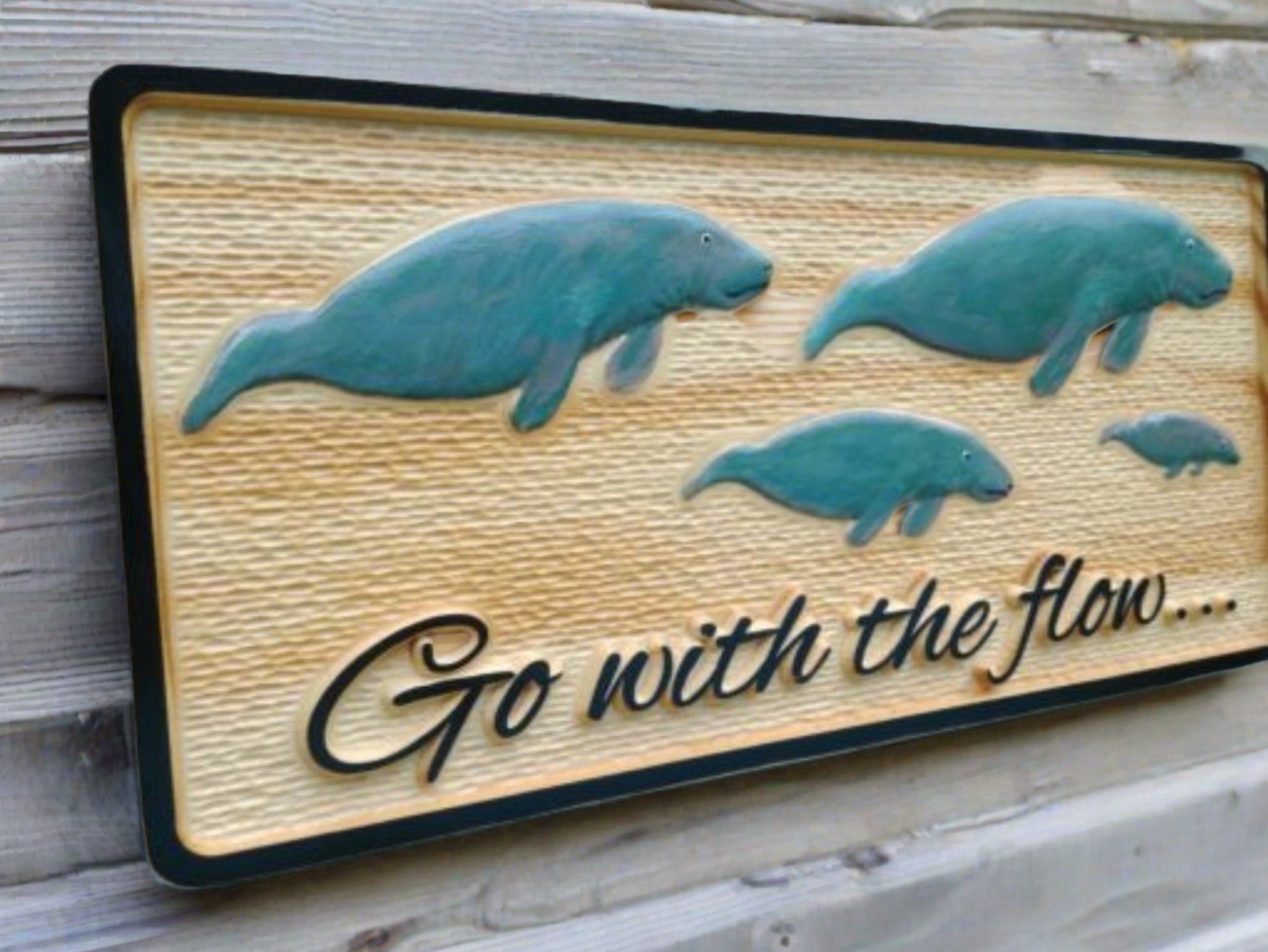 3d wood carved sign with manatees, hand painted manatee wall decor. made in the USA