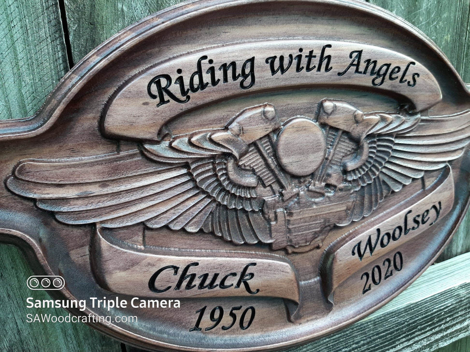 Unique high quality 3D wood carved wood engraved Harley Davidson Memorial Name plaque made in the USA.