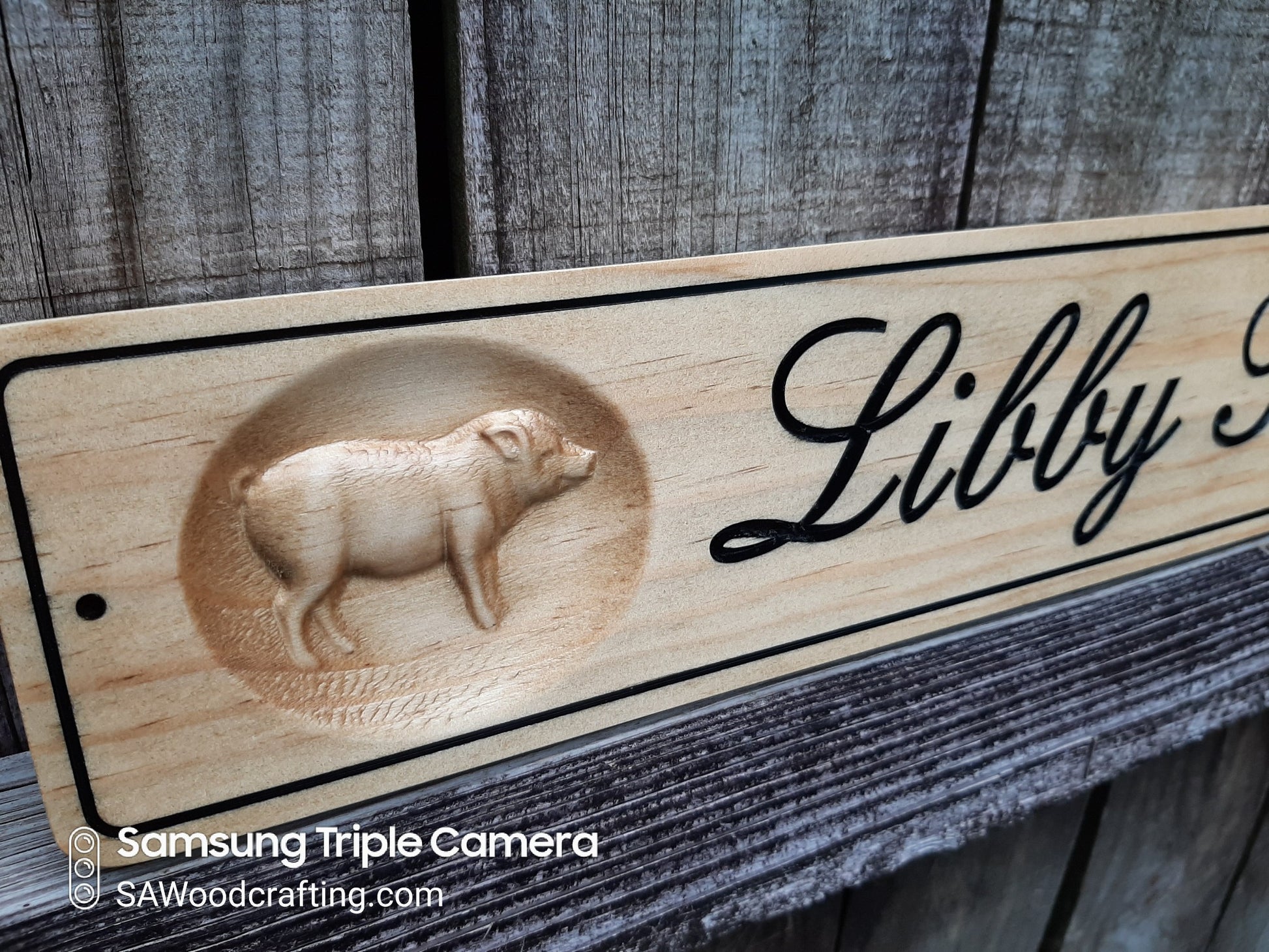 Pig Pen name sign with engraved Pigs, wooden sign made in the USA.