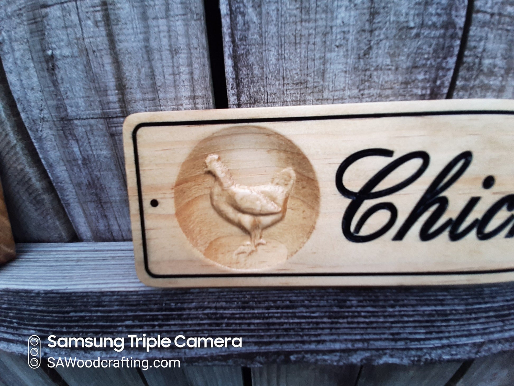 chicken coop name sign, wood carved sign with chickens made in America.