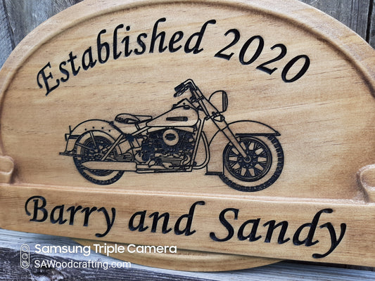 Personalized Wedding Anniversary wooden Gift sign with Harley Davidson motorcycle