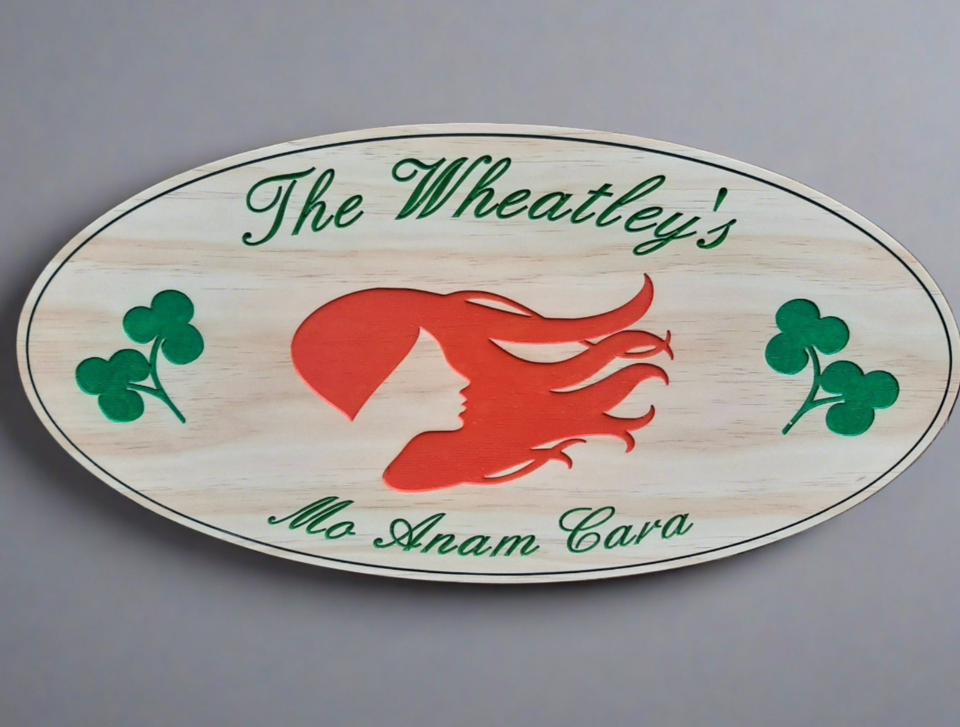 Custom wood carved wood engraved Irish Family Name plaque. Buy Last Name signs with confidence. Made in the USA.