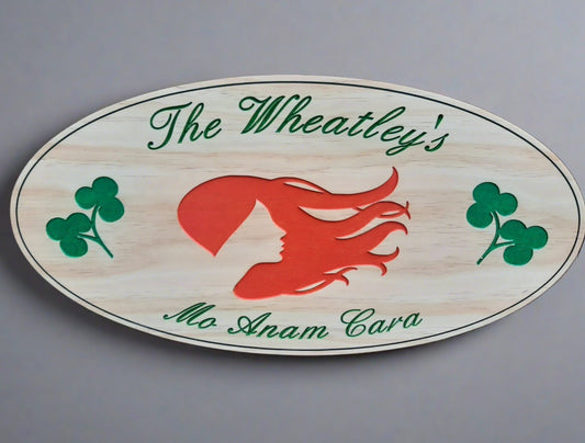 Custom wood carved wood engraved Irish Family Name plaque. Buy Last Name signs with confidence. Made in the USA.
