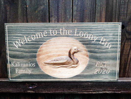 3D Wood Carved Family Name plaque with Loons, Family Name sign