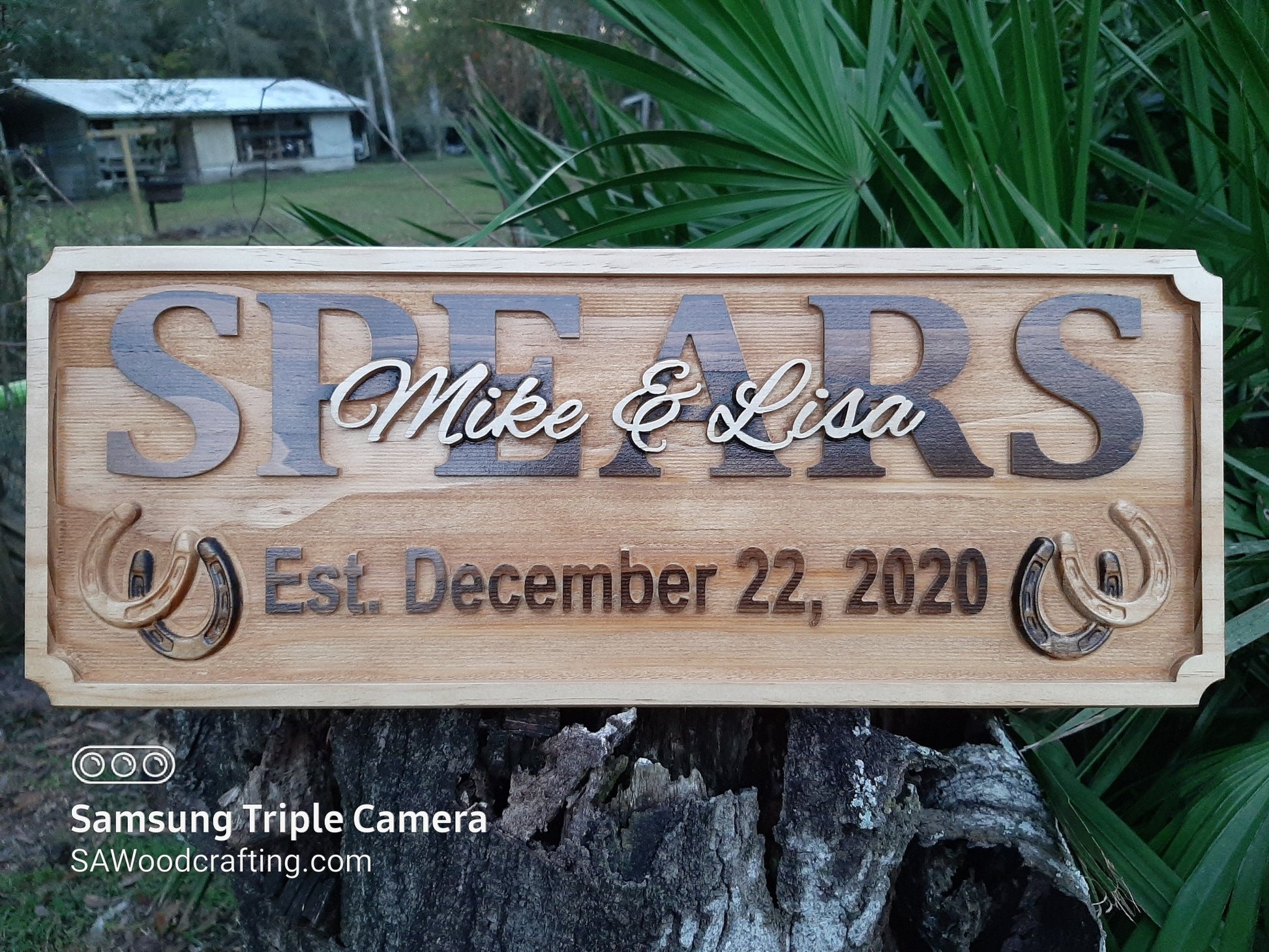 equestrian family name sign with established date, wood carved horseshoe wall art. made in the USA