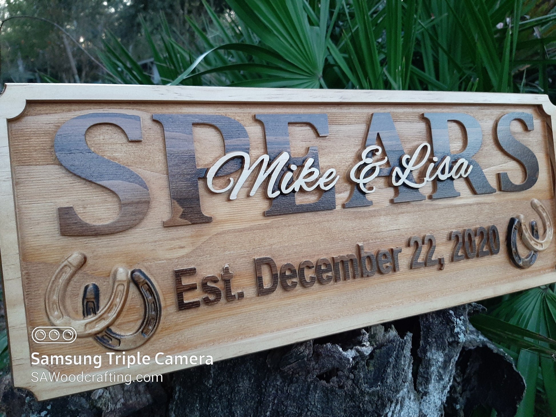 Beautiful and unique Wedding gift for the Horse lovers. This solid wooden Family last name sign features 3D wood engraved wood carved horseshoes.